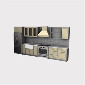 Op de afbeelding: Een keukenopstelling met een zwarte koelkast, beige kasten en een roestvrijstalen fornuis. Het ontwerp omvat een witte boerderij-spoelbak, een afzuigkap en een grijze bakstenen achterwand. De algehele esthetiek is modern en functioneel.