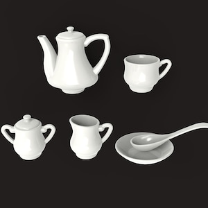 Könnte beinhalten: Ein weißes Keramik-Teeservice mit Teekanne, Tasse, Zuckerdose, Sahnekännchen, Löffel und Untertasse. Die Teekanne hat einen gebogenen Ausguss und Griff. Die Tasse hat einen gebogenen Griff.