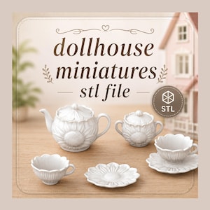 Juego de té miniatura con girasoles para casa de muñecas (archivo STL) / Decoración de cocina imprimible en 3D / Escala 1:12
