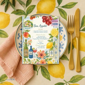 Modèle de menu modifiable pour la côte amalfitaine – Aquarelle citron italienne | Toile modifiable | Menu imprimable pour mariage, douche, dîner