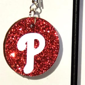 Phillies Earrings – Red Glitter “P” Logo – Lightweight Wood Dangles – Baseball Fan Gift – Game Day Jewelry – Phillies Accessories