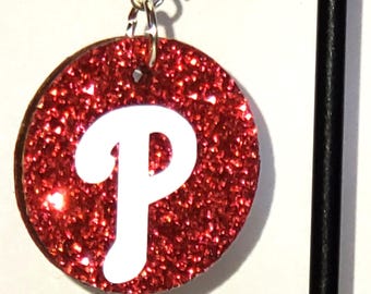 Red Glitter “P” Logo – Lightweight Wood Dangles – Baseball Fan Gift – Game Day Jewelry - Philadelphia