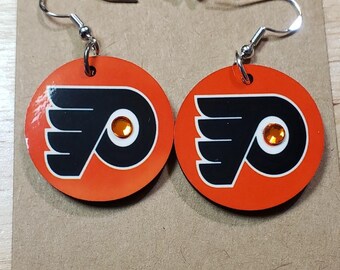 Orange Hockey Team Rhinestone Accent Round Dangle Earrings with Black Wing-Style
