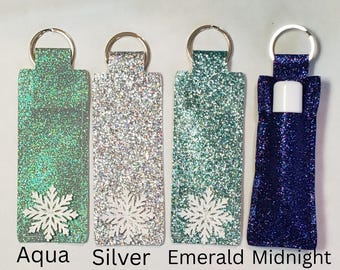 Glitter Faux Leather Chapstick Holder Keychain • Snowflake Lip Balm Holder • Fits Standard Lip Balm