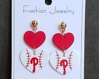 Pendientes colgantes de corazón con diseño de béisbol, inspirados en los Phillies.
