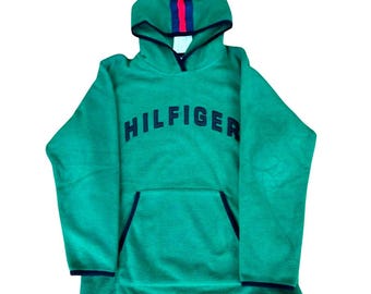 Vintage 90er Jahre Tommy Hilfiger Green Pull Over Kapuzen Fleece Männer Large