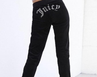Y2K Gothic Crystal Juicy Couture Black Label Velour Träningsbyxor Med Strassstenar S