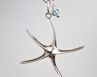 Starfish Aquamarine Pendant Necklace, Sterling Silver Dancing Starfish, Alki Beach Glass