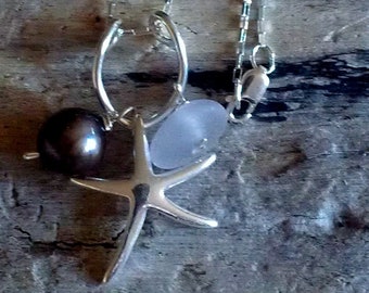 Safe Journey Sea Glass Star Fish Necklace, Alki Beach Jewelry, Alki Beach Glass Jewelry, Mermaid"s Tear