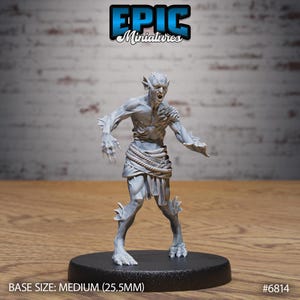 May include: A gray humanoid creature miniature with aquatic features, including fin-like protrusions on the head, arms, and legs. The figure wears a rope-like belt around its waist and stands on a round black base. The base size is 25.5mm.