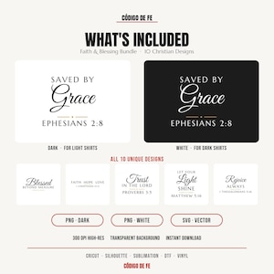 Puede incluir: Un paquete de diseños digitales titulado CÓDIGO DE FE con 10 gráficos cristianos. Incluye Saved by Grace, Blessed Beyond Measure, Faith Hope Love, Trust in the Lord, Let Your Light Shine y Rejoice Always. Disponible en formatos PNG y SVG.