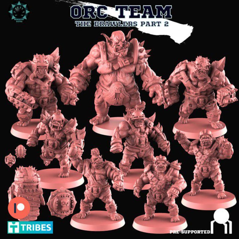 Peut inclure: Plusieurs figurines d'Orcs roses, faisant partie de la s&eacute;rie "The Brawlers Part 2". L'image pr&eacute;sente divers personnages Orcs dans diff&eacute;rentes poses, avec des armures et des armes d&eacute;taill&eacute;es. Le texte "ORC TEAM" et "TRIBES" est visible.