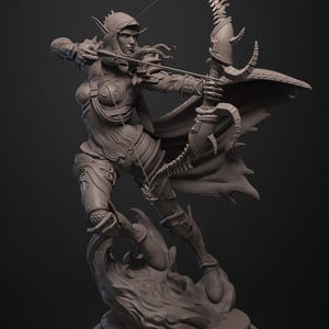 May include: A detailed sculpture of an archer in a dynamic pose, drawing back a bow. The figure is clad in armour and a hooded cloak, with intricate detailing. The sculpture is set on a circular base, with the text "LUFTMENSCH STUDIO" and a website address visible.