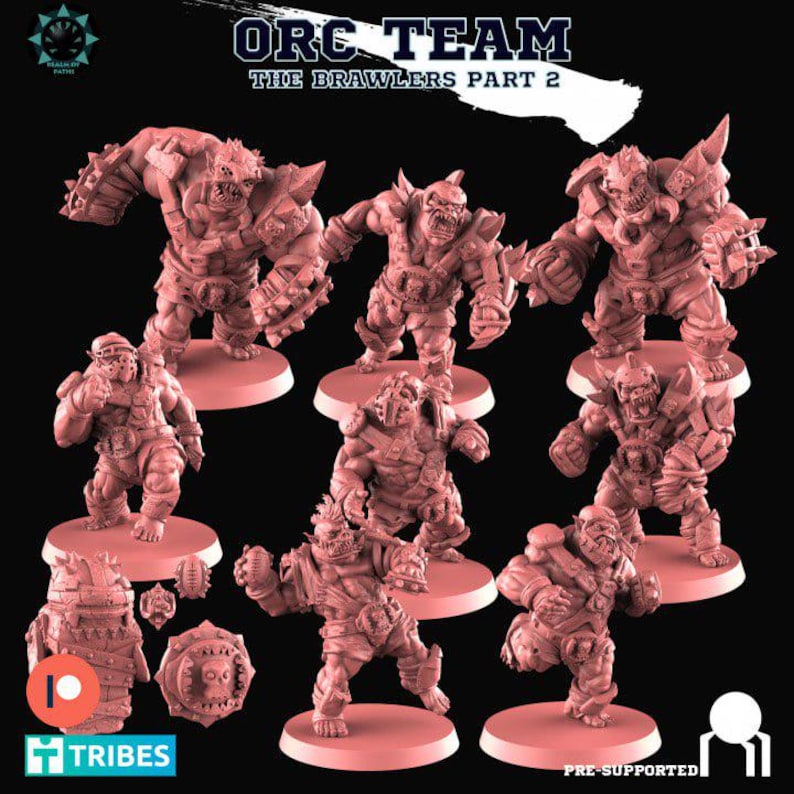 Peut inclure: Plusieurs figurines d'Orcs roses, faisant partie de la s&eacute;rie "The Brawlers Part 2". L'image pr&eacute;sente plusieurs personnages Orcs dans diverses poses, certains avec des armures et des armes, debout sur des socles circulaires. Le texte "ORC TEAM" et "THE BRAWLERS PART 2" est visible.