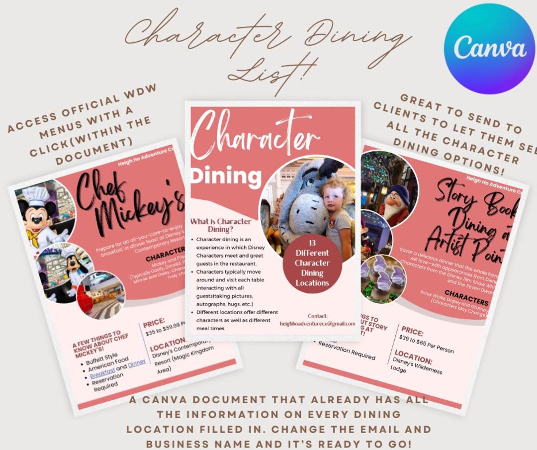 Disney World Character Dining Guide, Fully Editable Template in CANVA ...