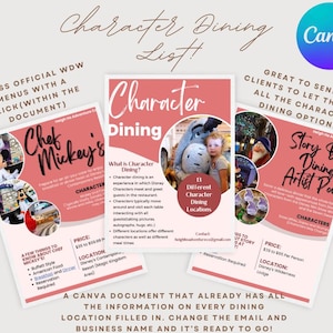 Disney World Character Dining Guide, Fully Editable Template in CANVA for Travel Agents or  Someone Planning Their Own Experience.