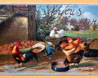 Vintage Easter Greeting Postcard, Card, Chickens, Peacock