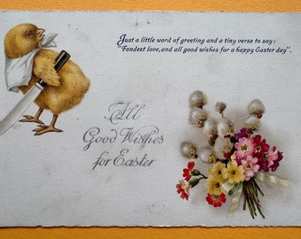 Vintage Easter Greeting Postcard, Card, Chickens, Chick with Butter Knife