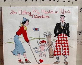 Vintage Valentine's Day Card, Golf Theme, Cupid, Unused