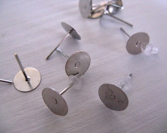 Earring Post with Stoppers - silver tone - 20 pcs - pad 8 mm - Lead and Nickel free