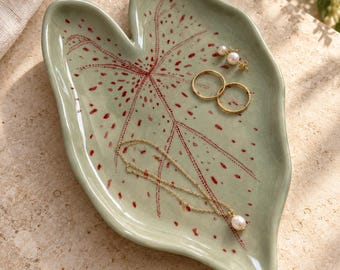 Miss Muffet Caladium Leaf Dish, Handmade Ceramic Jewelry Tray, Original Botanical Pottery Art, Plant Lover Gift