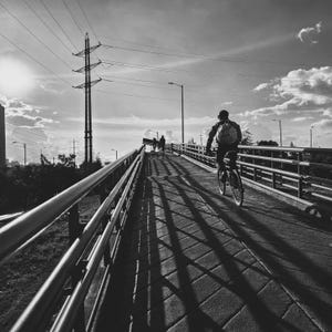 May include: Black and white photograph of a cyclist riding across a bridge on a sunny day. The bridge has metal railings and is paved with square stones. Shadows from the railings and power lines stretch across the bridge.