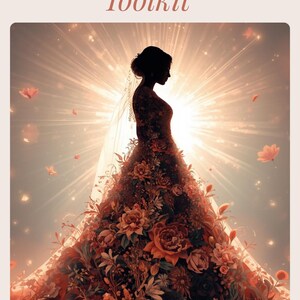 May include: An artistic illustration features a bride in silhouette, wearing a floral gown. The dress is adorned with red and orange roses and other flowers. The text "The Centered Bride Toolkit" is at the top of the image.