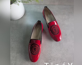 Women's Handmade Red Leather Loafers- Embroidered Flats, Elegant Gift