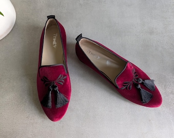 Custom Velvet Loafers- Burgundy Handmade Slip-Ons Shoes with Embroidery