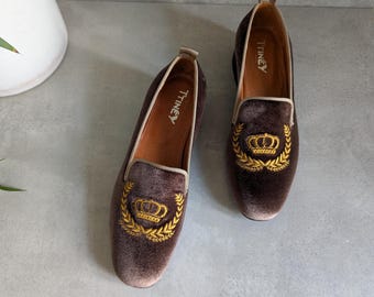 Handmade Brown Velvet Loafers-Women's Embroidered Flats, Custom Shoes