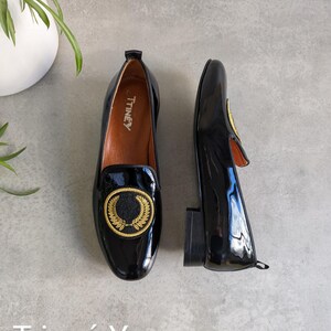 Elegant Black Flats with Machine Embroidery, Handmade Handcrafted Shoes for Women, Luxury Leather Loafers, Comfortable Slip-on.