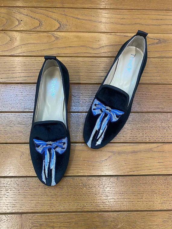 Handmade Black Velvet Loafers- Embroidered Bow Flats, Women's