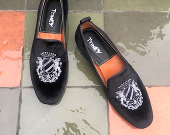 Handgefertigte Schwarze Samt Loafers-Damen Bestickte Wohnungen, Benutzerdefinierte Schuhe