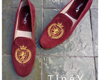 Women's Handmade Red Suede Loafers- Embroidered Crest Flats, Custom Leather Slip-On Shoes, Elegant Gift
