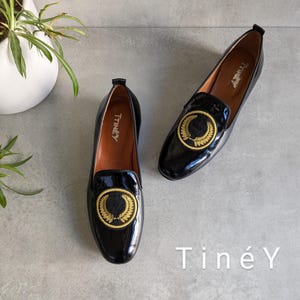 Premium Women's Loafers with golden color embroidered Laurel wreath, Perfect Gift for her, Embroidery Loafers for Women, black Leather Loafers for Women.