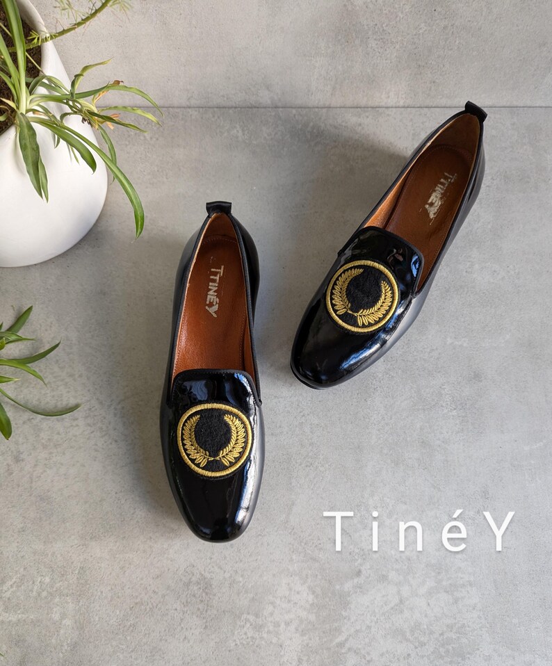 Premium Women's Loafers with golden color embroidered Laurel wreath, Perfect Gift for her, Embroidery Loafers for Women, black Leather Loafers for Women.