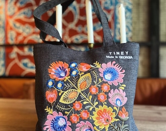 Bestickte Canvas-Einkaufstasche, Blumenmuster, leicht und stilvoll