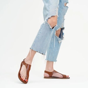Unique Handcrafted Greek Women Leather Sandals, Spring Summer Toe Ring Flat Sandals, Brown Women Leather Sandal, Minimalist Barefoot Sandals