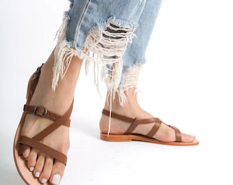 LUXURY COLLECTION, Handmade Brown Leather Strappy Women Sandals, Greek Sandals, Summer Shoes, Mothers Day Gift Sandal, Barefoot Black Sandal
