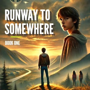 Peut inclure: Une couverture de livre avec le titre "Runaway to Somewhere" et le sous-titre "Book One". La couverture présente un jeune debout sur une colline surplombant une vallée avec une rivière qui serpente à travers elle. Le ciel est d'un orange et d'un jaune vifs, avec un OVNI au loin.