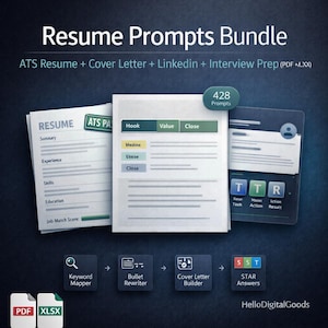 May include: A digital product bundle titled "Resume Prompts Bundle" with the text "ATS Resume + Cover Letter + Linkedin + Interview Prep". The image includes mockups of resume pages, a LinkedIn profile, and icons for tools like a keyword mapper and cover letter builder.