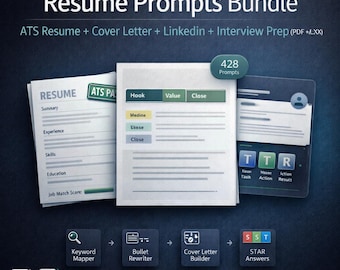 Paquete de sugerencias para currículum vitae, carta de presentación + LinkedIn + preparación para entrevistas, generador de currículums con palabras clave ATS, búsqueda de empleo