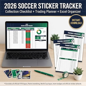 May include: A 2026 soccer sticker tracker digital organizer displayed on a laptop screen, accompanied by printed checklists, a trading planner, four decorative cards, a green pen, and a roll of soccer-themed tape on a wooden surface.