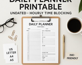Daily Planner Printable Undated, Hourly Time Blocking, Minimalist US Letter A4 A5 PDF