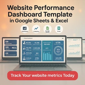 Könnte beinhalten: Ein Laptop zeigt eine Website-Performance-Dashboard-Vorlage in Google Sheets & Excel. Der Bildschirm zeigt Datenvisualisierungen und Metriken. Der Text "Track Your website metrics Today" befindet sich auf einem roten Banner.