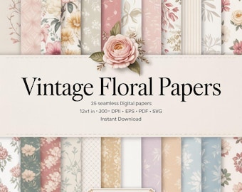 Vintage Floral Digital Paper Pack, Seamless Printable Scrapbook Paper, Shabby Chic Junk Journal