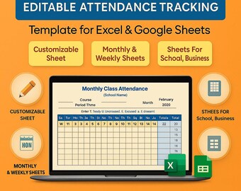 Attendance Tracking Sheet Monthly Template | Customizable Monthly & Weekly Sheets for School, Business | Excel and Google Sheets Compatible