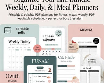 Digital Planner Bundle: Weekly, Daily, Fitness, Meal (Printable/Editable PDF)