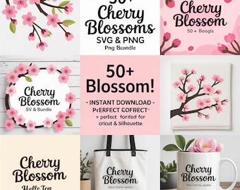 Cherry Blossom SVG PNG Bundle: Sakura Clipart, Floral Cut Files for Cricut, Spring Digital Graphics, Commercial Use, 50 Design Pack