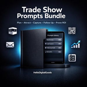 May include: A digital marketing bundle titled "Trade Show Prompts Bundle" with the text "Plan, Attract, Capture, Follow Up, Prove ROI." The image shows a tablet displaying "Prompt Library" with options for booth scripts, lead capture, follow-up emails, and ROI & KPIs.